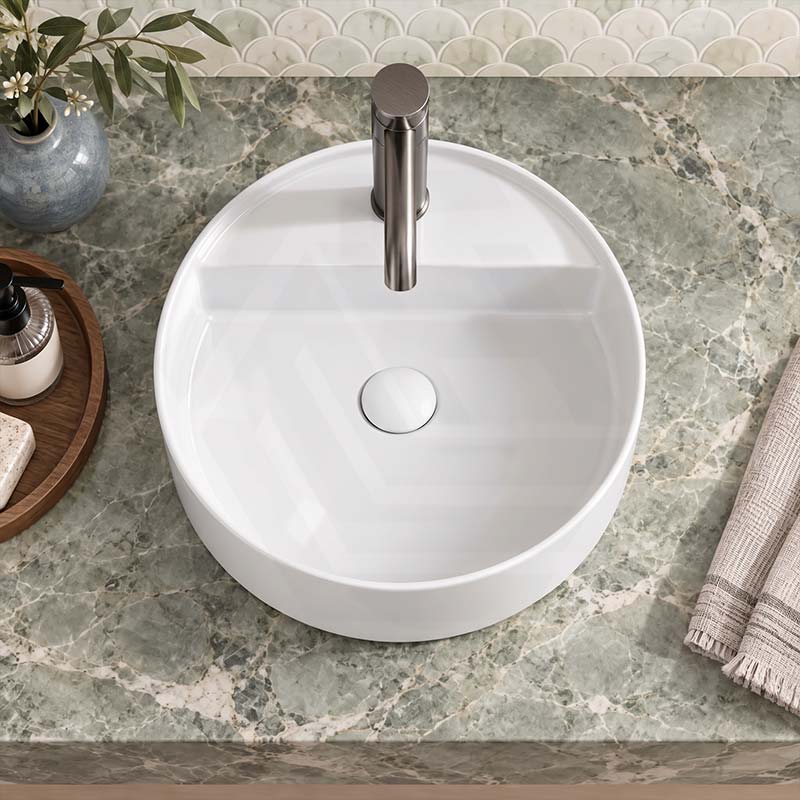 Infinity Round Ceramic Above Counter Basin with Tap Hole 450x450x105mm - Gloss White