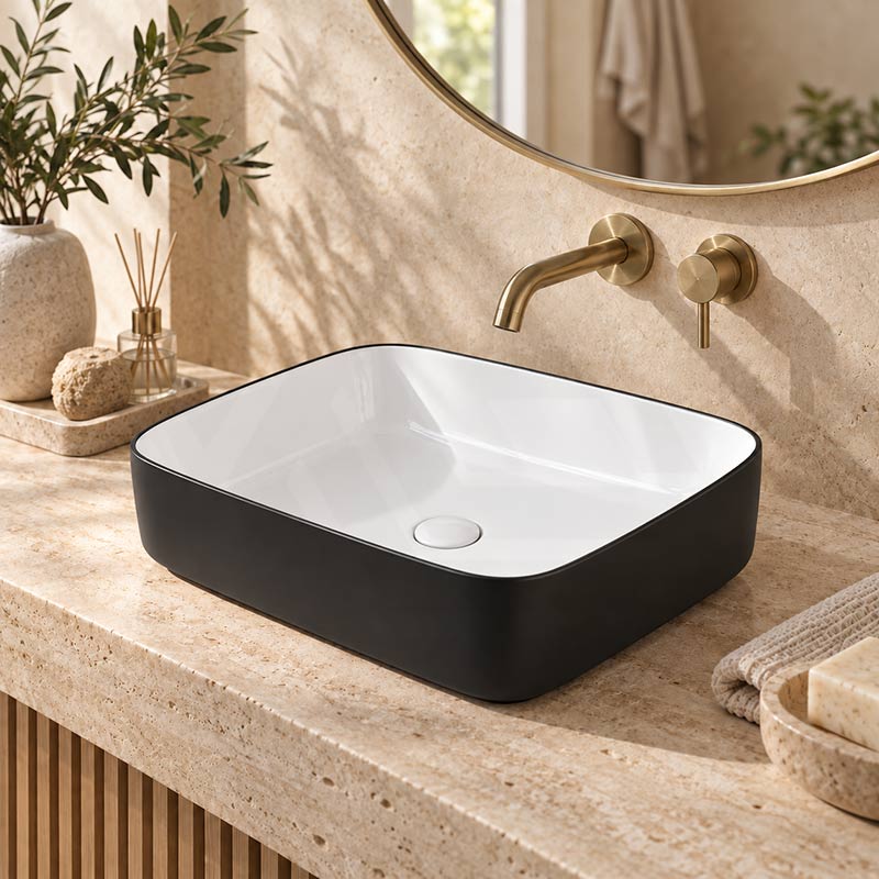 Infinity Above Counter Wash Basin Ceramic Rectangle 500x400x135mm - Gloss White & Black