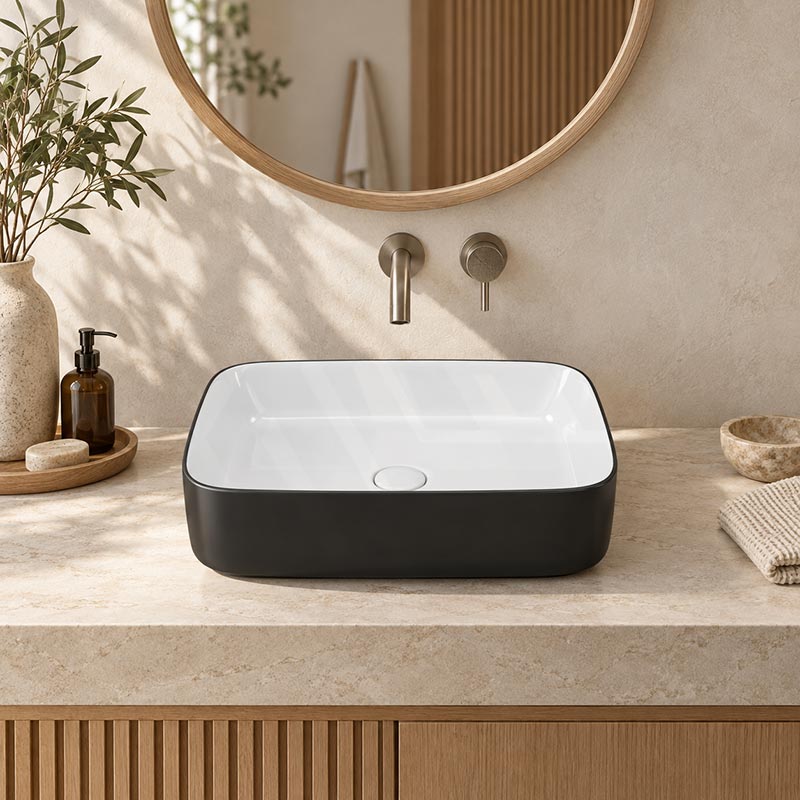 Infinity Above Counter Wash Basin Ceramic Rectangle 500x400x135mm - Gloss White & Black