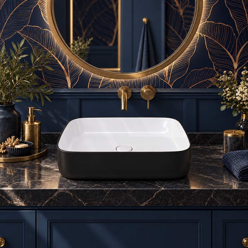 Infinity Above Counter Wash Basin Ceramic Rectangle 500x400x135mm - Gloss White & Black