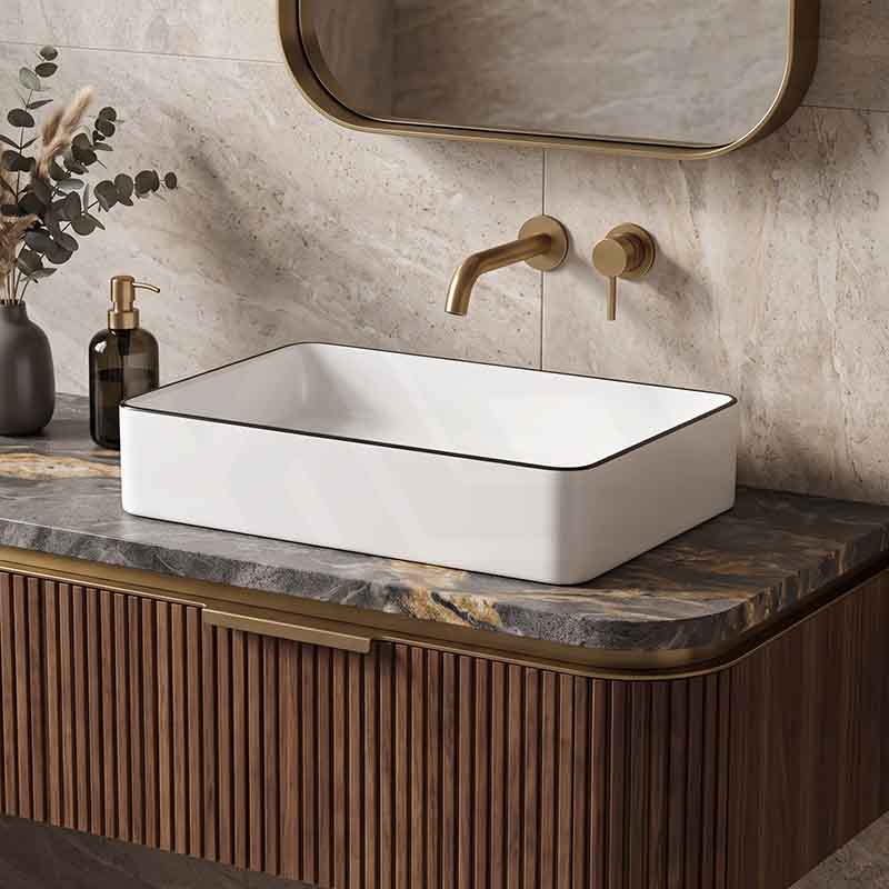 Infinity Rectangle Ceramic Above Counter Basin 610x410x120mm - Gloss White with Black Line
