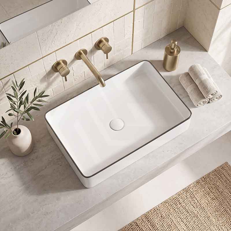 Infinity Rectangle Ceramic Above Counter Basin 610x410x120mm - Gloss White with Black Line