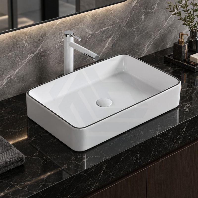 Infinity Rectangle Ceramic Above Counter Basin 610x410x120mm - Gloss White with Black Line