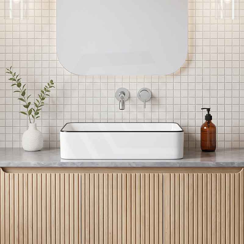 Infinity Rectangle Ceramic Above Counter Basin 610x410x120mm - Gloss White with Black Line