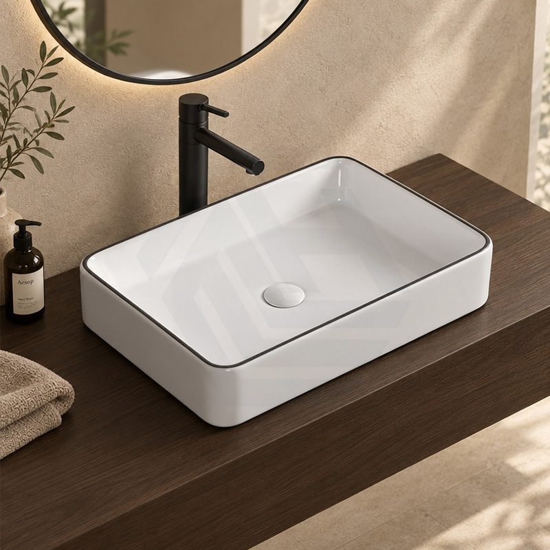 Infinity Rectangle Ceramic Above Counter Basin 610x410x120mm - Gloss White with Black Line