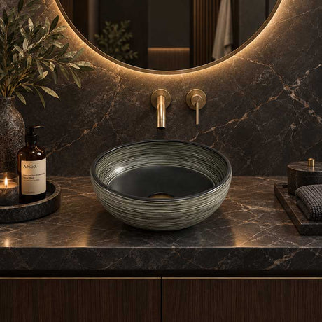 Infinity Above Counter Porcelain Basin Round 360x360x140mm - Matte Black with Stripe Pattern