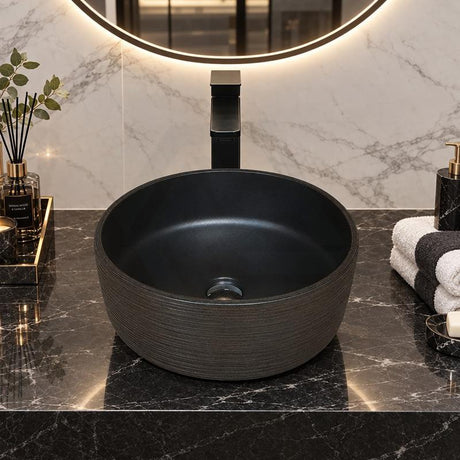 Infinity Round Porcelain Art Basin with Stripe Pattern 410x410x150mm - Matte Black & Brown