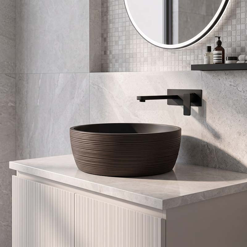 Infinity Round Porcelain Art Basin with Stripe Pattern 410x410x150mm - Matte Black & Brown