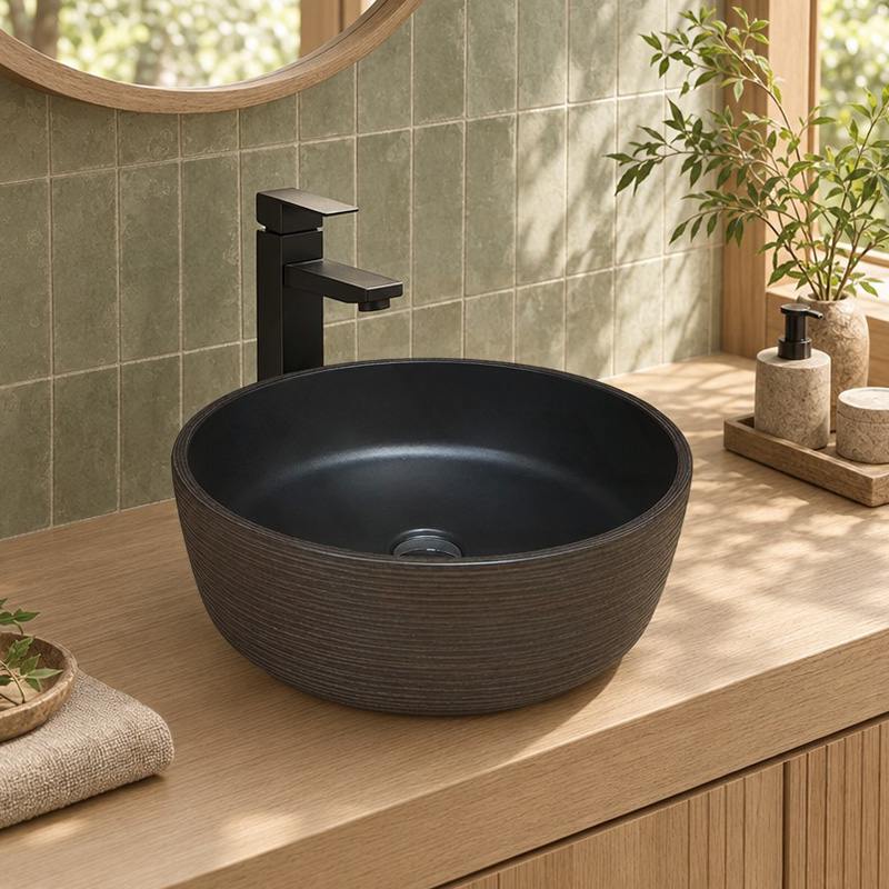 Infinity Round Porcelain Art Basin with Stripe Pattern 410x410x150mm - Matte Black & Brown