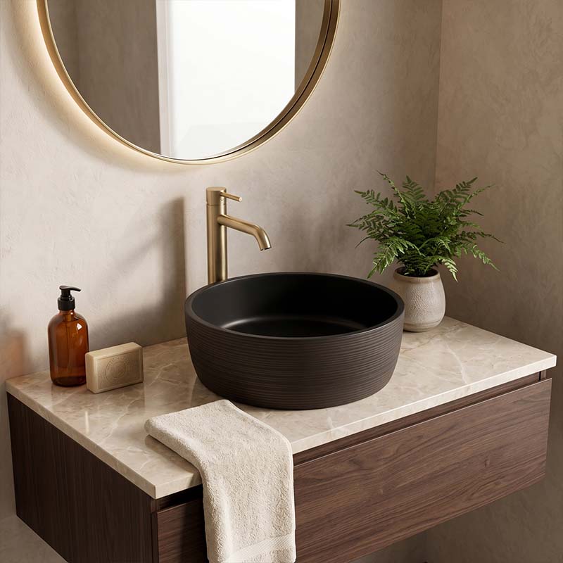 Infinity Round Porcelain Art Basin with Stripe Pattern 410x410x150mm - Matte Black & Brown