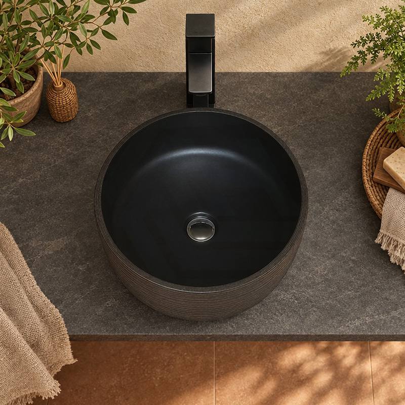 Infinity Round Porcelain Art Basin with Stripe Pattern 410x410x150mm - Matte Black & Brown