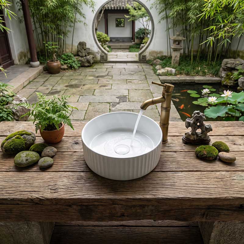 Round Above Counter Ceramic Fluted Basin 300x300x110mm - 3 Colours