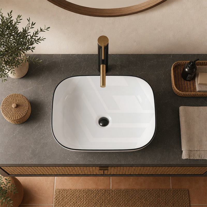 Infinity Rectangle Ceramic Above Counter Wash Basin 460x330x135mm - Gloss White With Black Rim