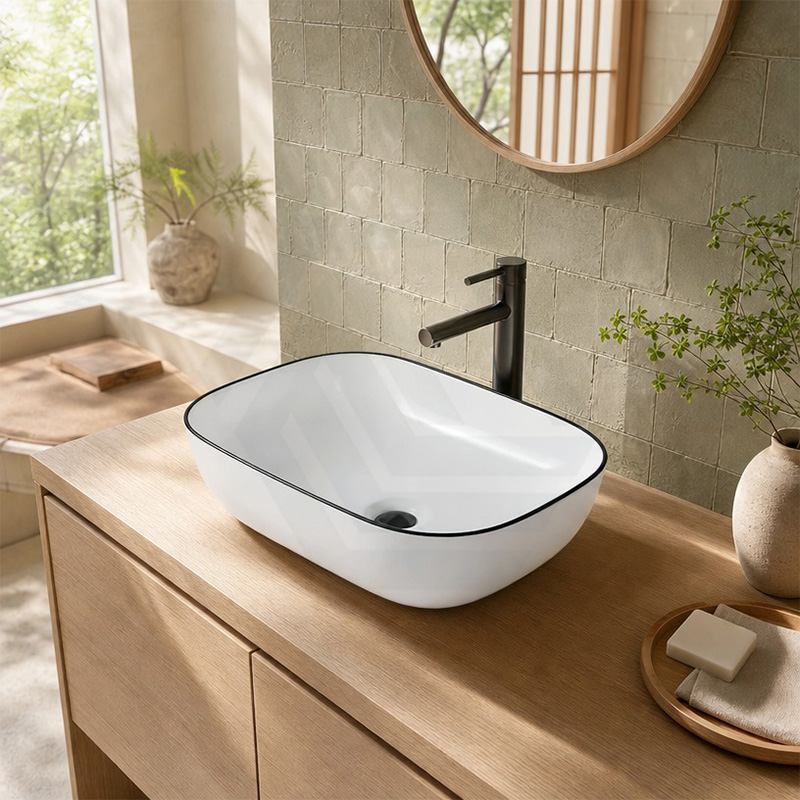 Infinity Rectangle Ceramic Above Counter Wash Basin 460x330x135mm - Gloss White With Black Rim