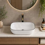 Infinity Rectangle Ceramic Above Counter Wash Basin 460x330x135mm - Gloss White With Black Rim