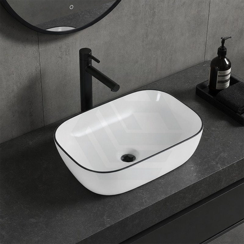 Infinity Rectangle Ceramic Above Counter Wash Basin 460x330x135mm - Gloss White With Black Rim