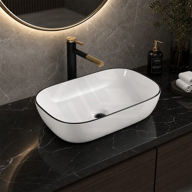 Infinity Rectangle Ceramic Above Counter Wash Basin 460x330x135mm - Gloss White With Black Rim