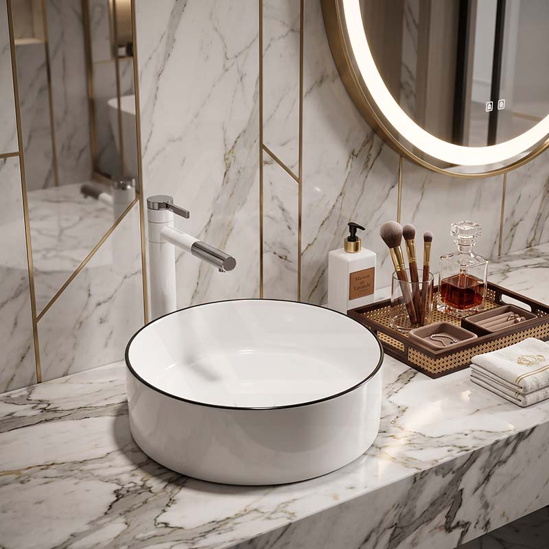 Above Counter Ceramic Basin Bathroom Round Wash Basin 400x400x130mm - Gloss White With Black Rim