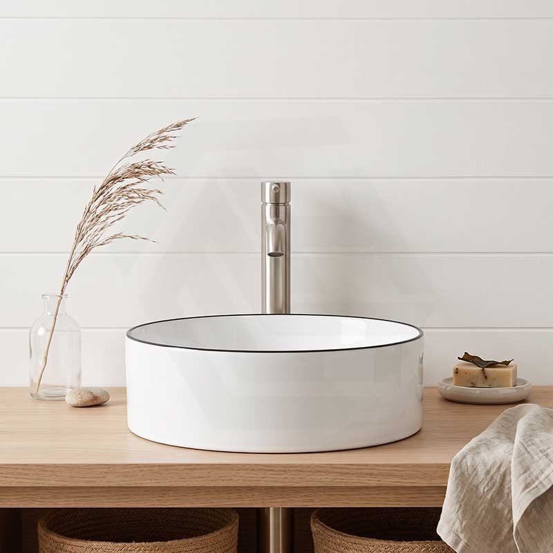 Above Counter Ceramic Basin Bathroom Round Wash Basin 400x400x130mm - Gloss White With Black Rim
