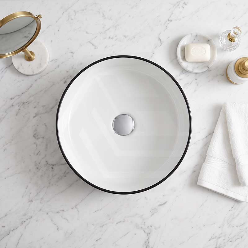 Above Counter Ceramic Basin Bathroom Round Wash Basin 400x400x130mm - Gloss White With Black Rim