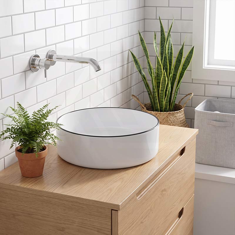 Above Counter Ceramic Basin With Black Rim Round for Bathroom 360x360x120mm - Gloss White