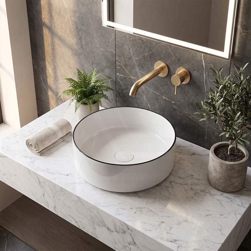 Above Counter Ceramic Basin With Black Rim Round for Bathroom 360x360x120mm - Gloss White