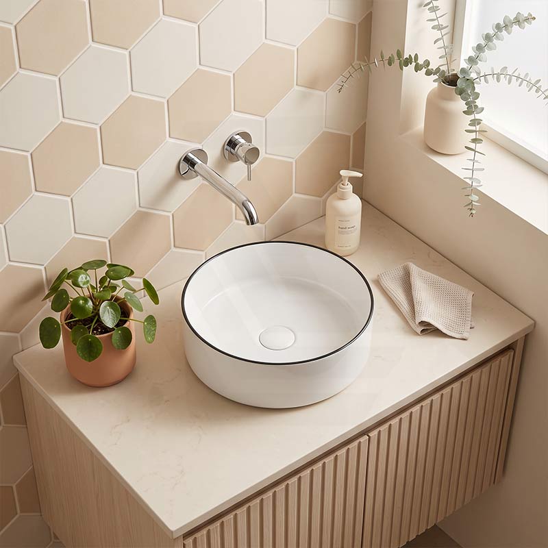 Above Counter Ceramic Basin With Black Rim Round for Bathroom 360x360x120mm - Gloss White