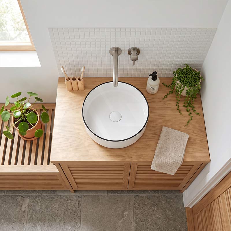 Above Counter Ceramic Basin With Black Rim Round for Bathroom 360x360x120mm - Gloss White