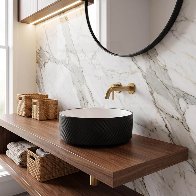 Above Counter Ceramic Basin Bathroom Round Wash Diagonal Pattern Basin 360x360x120mm - Gloss White & Matt Black