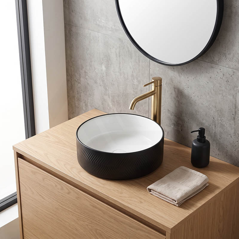 Above Counter Ceramic Basin Bathroom Round Wash Diagonal Pattern Basin 360x360x120mm - Gloss White & Matt Black