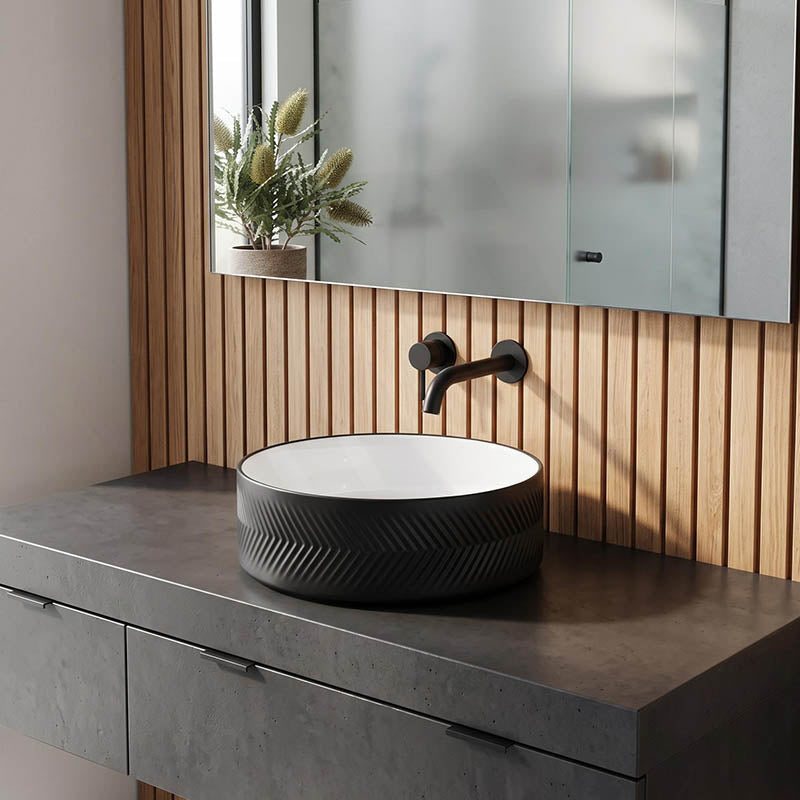 Above Counter Ceramic Basin Bathroom Round Wash Diagonal Pattern Basin 360x360x120mm - Gloss White & Matt Black