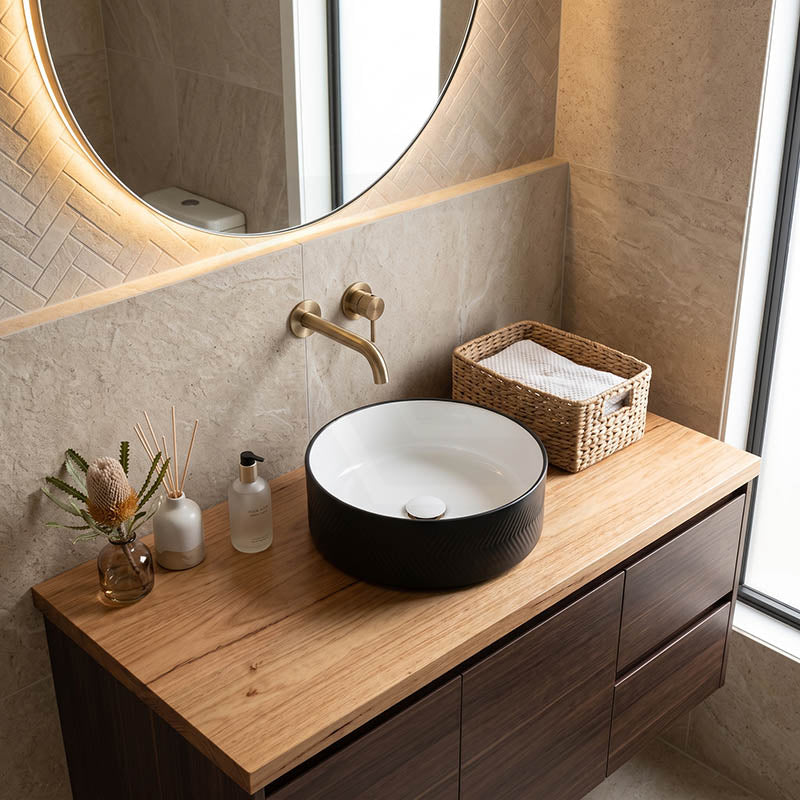 Above Counter Ceramic Basin Bathroom Round Wash Diagonal Pattern Basin 360x360x120mm - Gloss White & Matt Black
