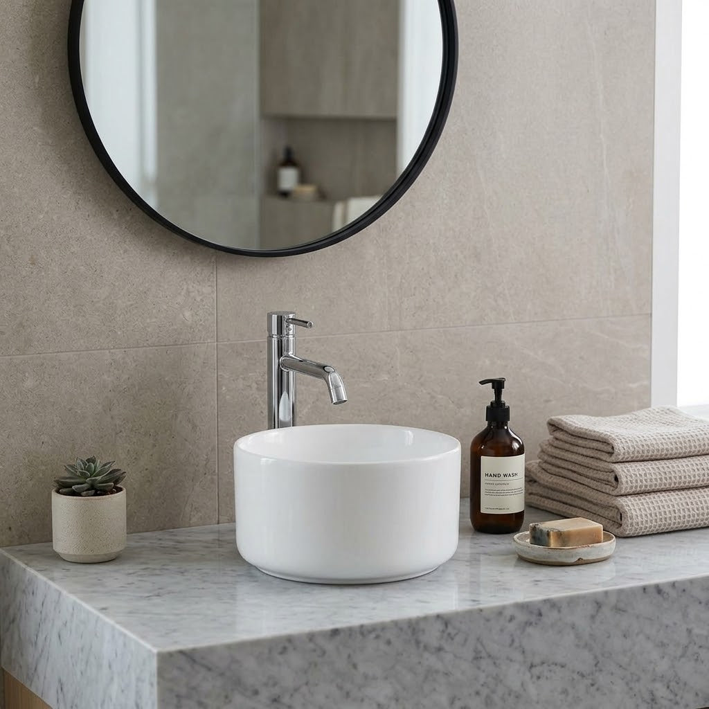 Above Counter Mini Round Ceramic Basin for Bathroom 220x220x130mm - Gloss White