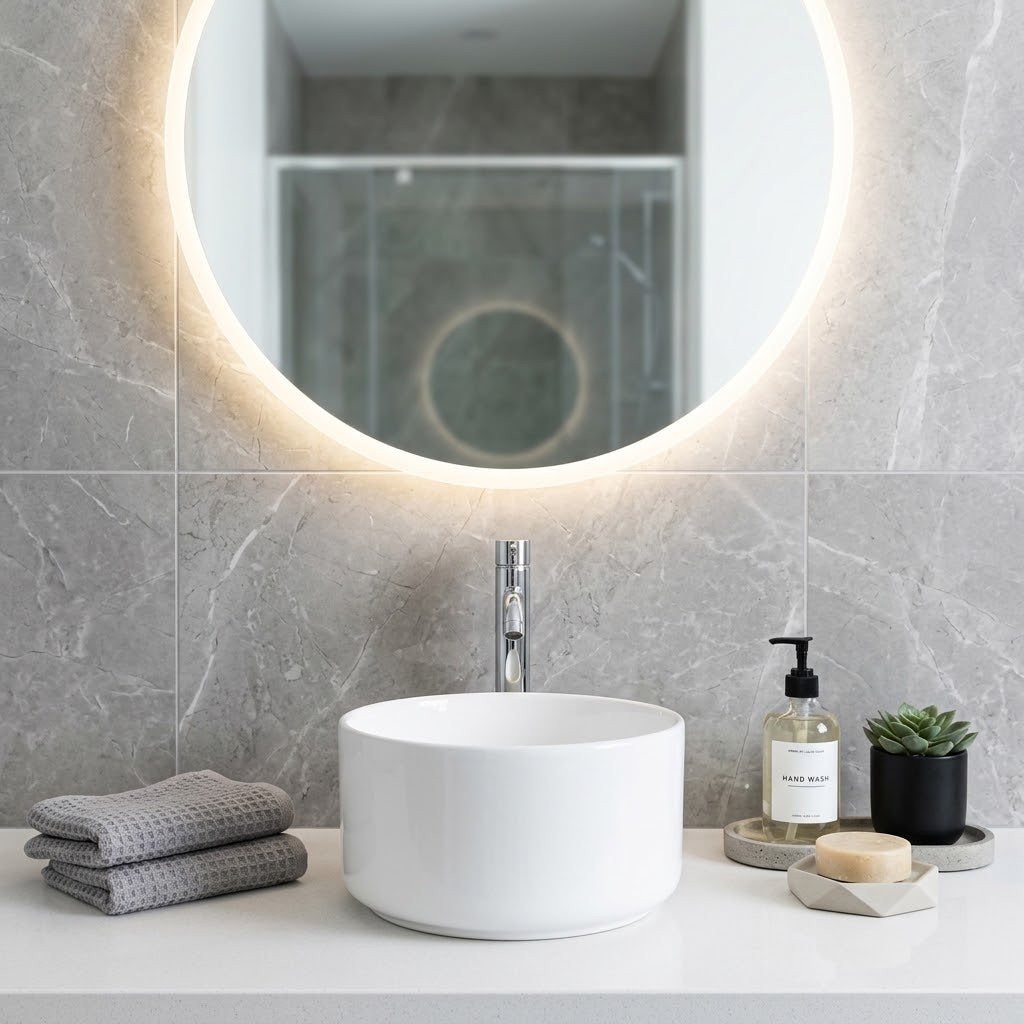 Above Counter Mini Round Ceramic Basin for Bathroom 220x220x130mm - Gloss White