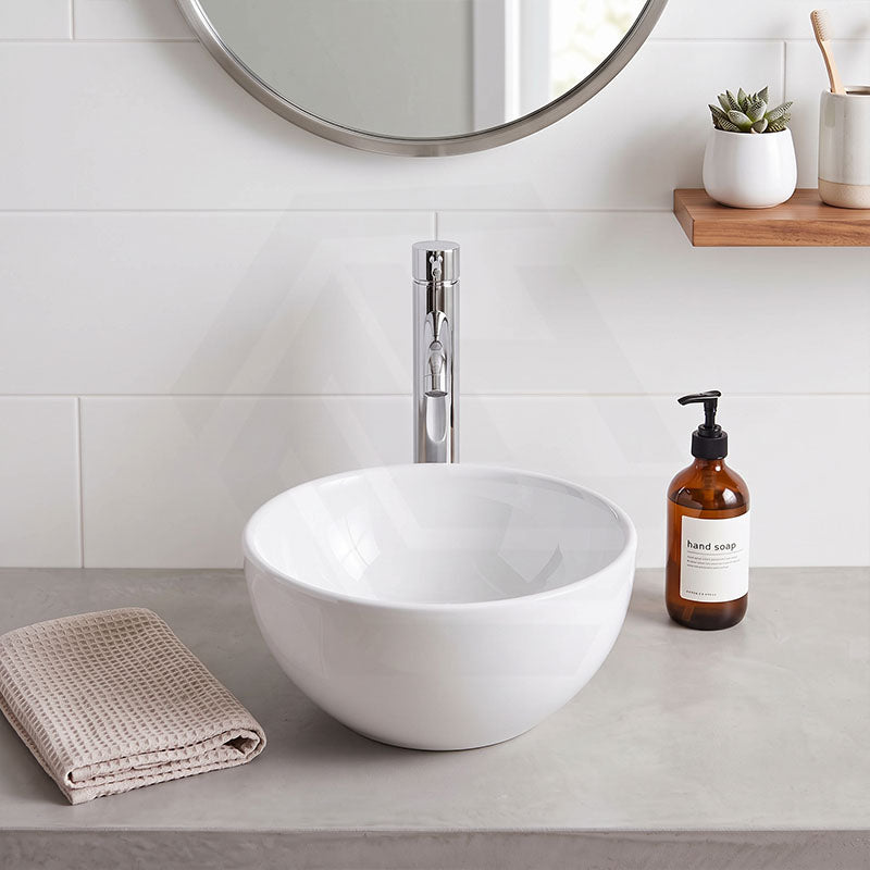 Infinity Round Ceramic Above Counter Basin NO Overflow 215x215x110mm - Gloss White