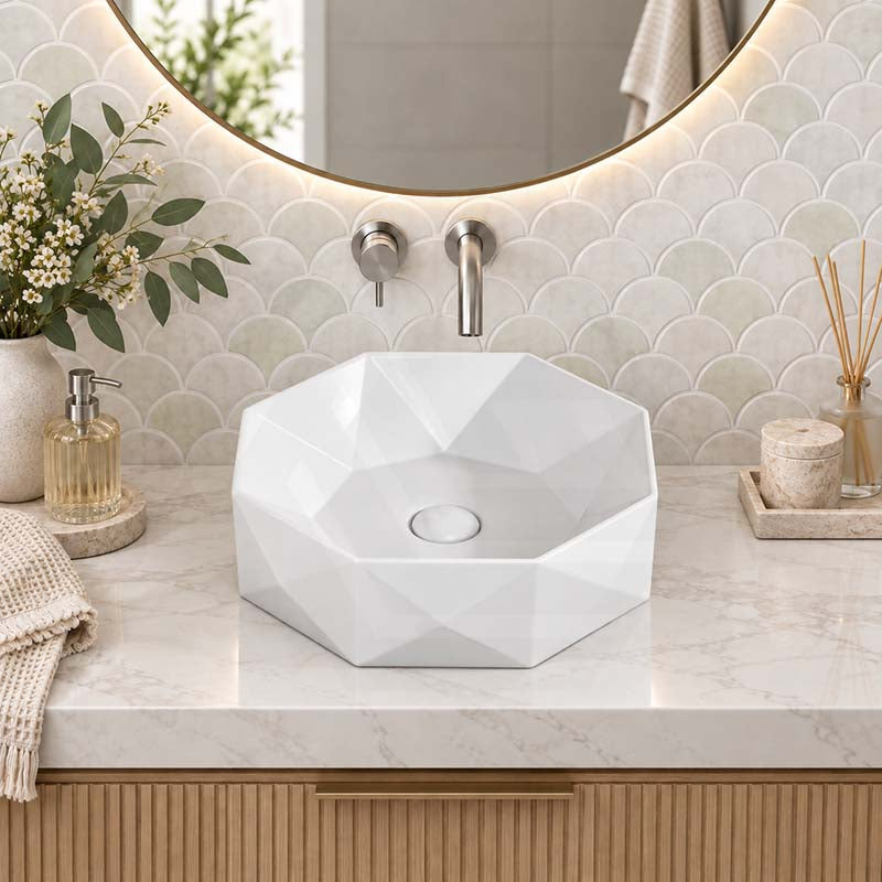 Above Counter Ceramic Basin Special Shape for Bathroom 420x420x130mm - Gloss White