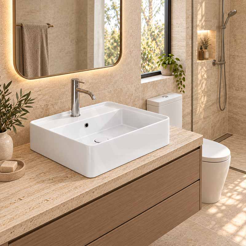 Infinity Rectangle Ceramic Above Counter Basin with Overflow 530x430x155mm - Gloss White