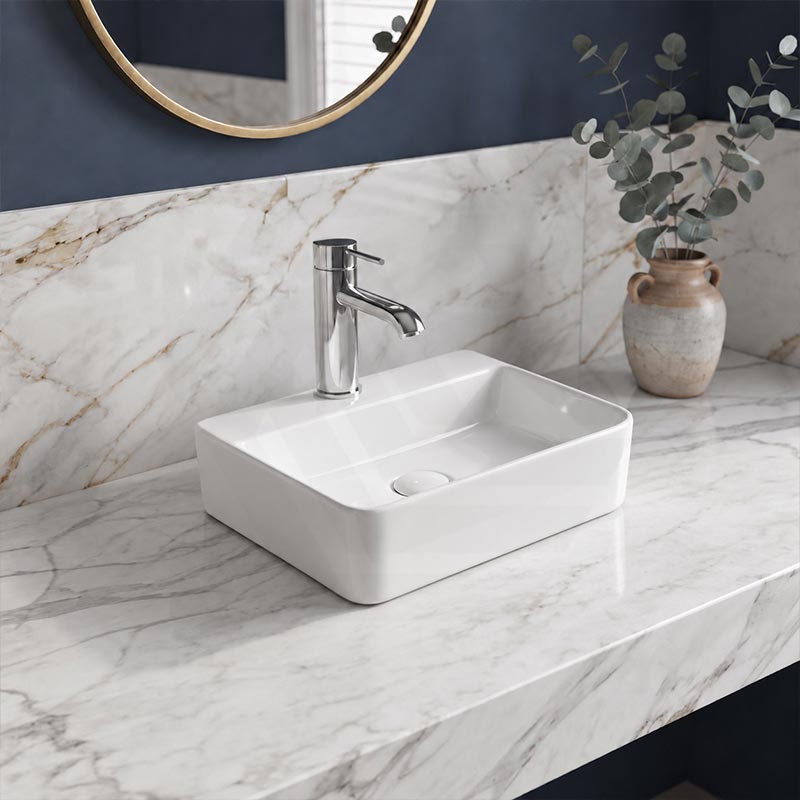 Rectangular Ceramic Above Counter Basin With Tap Hole 365x255x110mm - Gloss White
