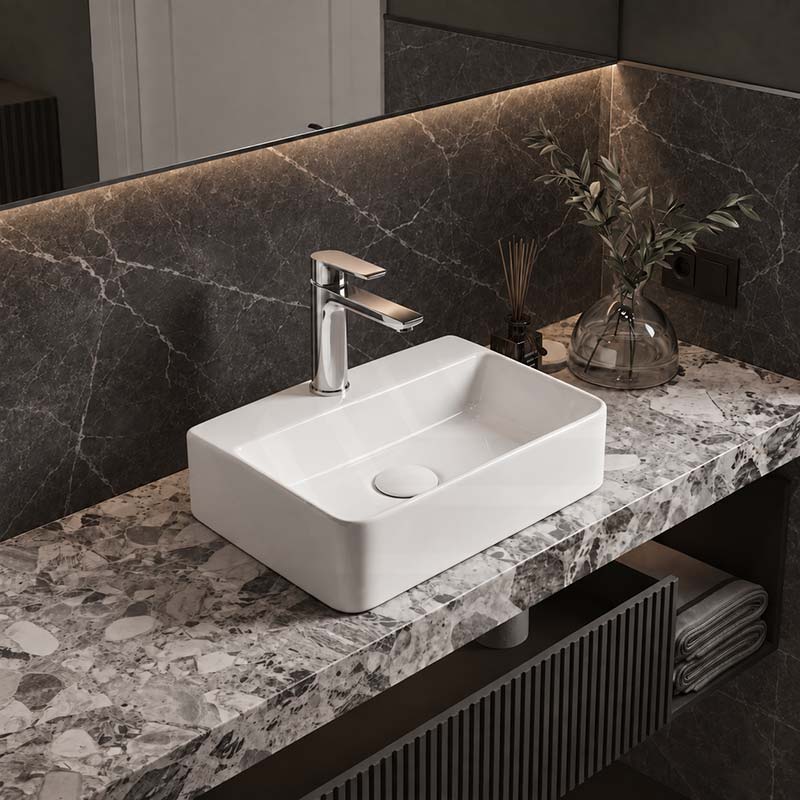 Rectangular Ceramic Above Counter Basin With Tap Hole 365x255x110mm - Gloss White