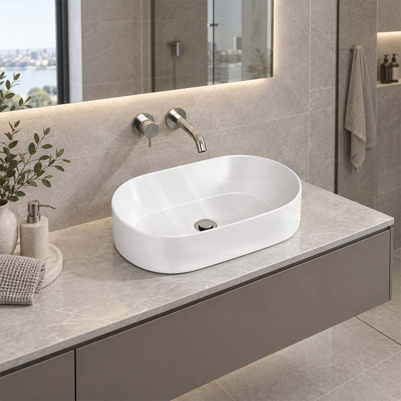 Infinity Oval Ceramic Above Counter Basin NO Overflow 530x300x115mm - Gloss White
