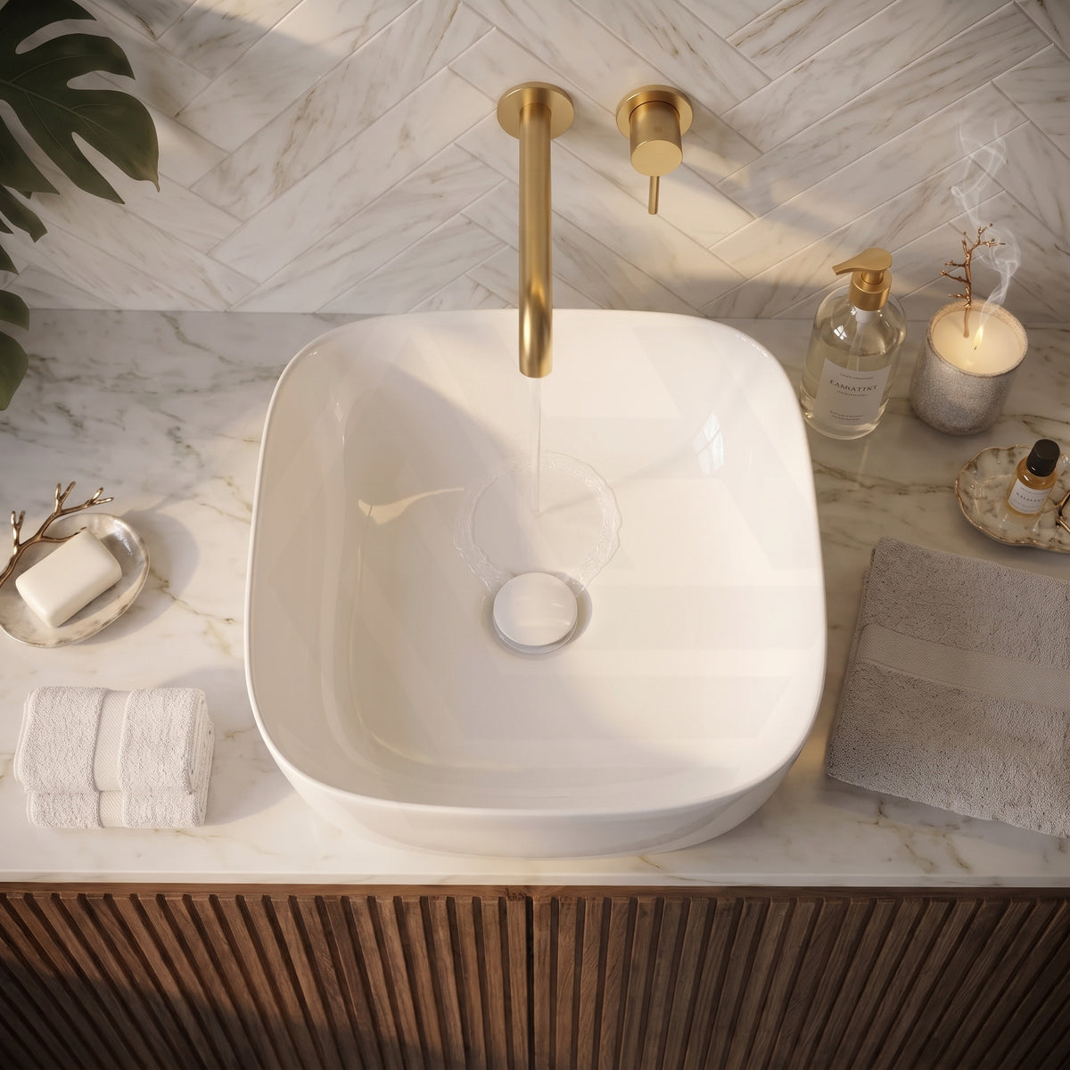 Round-Edged Square Ceramic Above Counter Bathroom Basin Ultra Slim 375x375x120mm - Gloss White