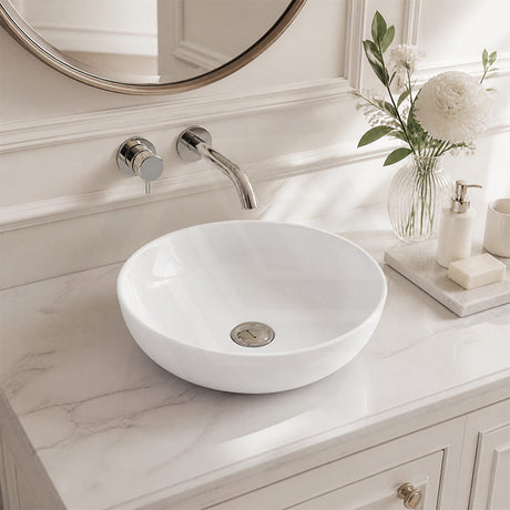 Infinity Round Ceramic Above Counter Basin No Overflow 360x360x105mm - Gloss White