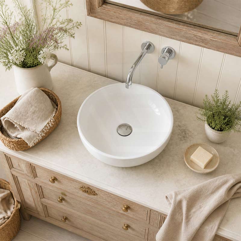 Infinity Round Ceramic Above Counter Basin No Overflow 360x360x105mm - Gloss White