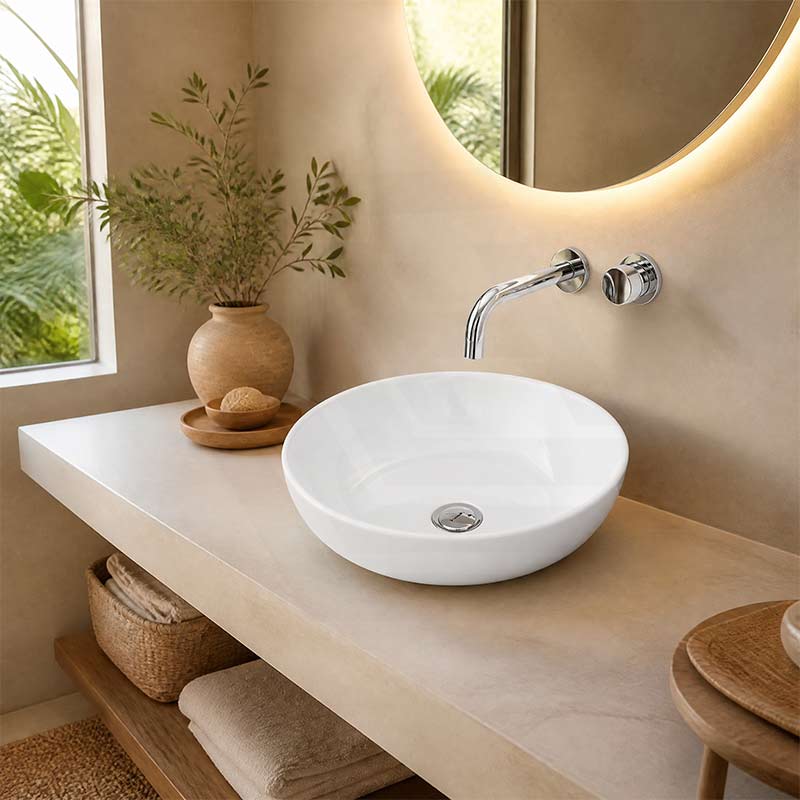 Infinity Round Ceramic Above Counter Basin No Overflow 360x360x105mm - Gloss White