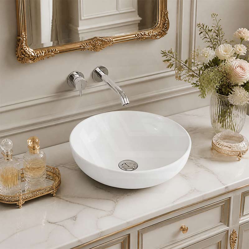 Infinity Round Ceramic Above Counter Basin No Overflow 360x360x105mm - Gloss White