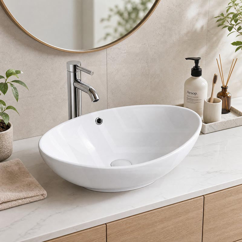 Oval Above Counter Ceramic Basin with Overflow 590x380x195mm - Gloss White