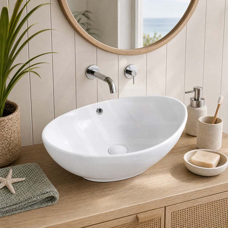Oval Above Counter Ceramic Basin with Overflow 590x380x195mm - Gloss White