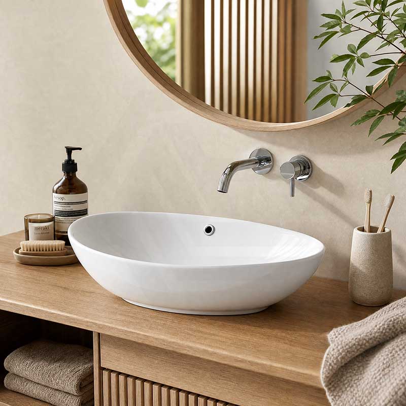 Oval Above Counter Ceramic Basin with Overflow 590x380x195mm - Gloss White