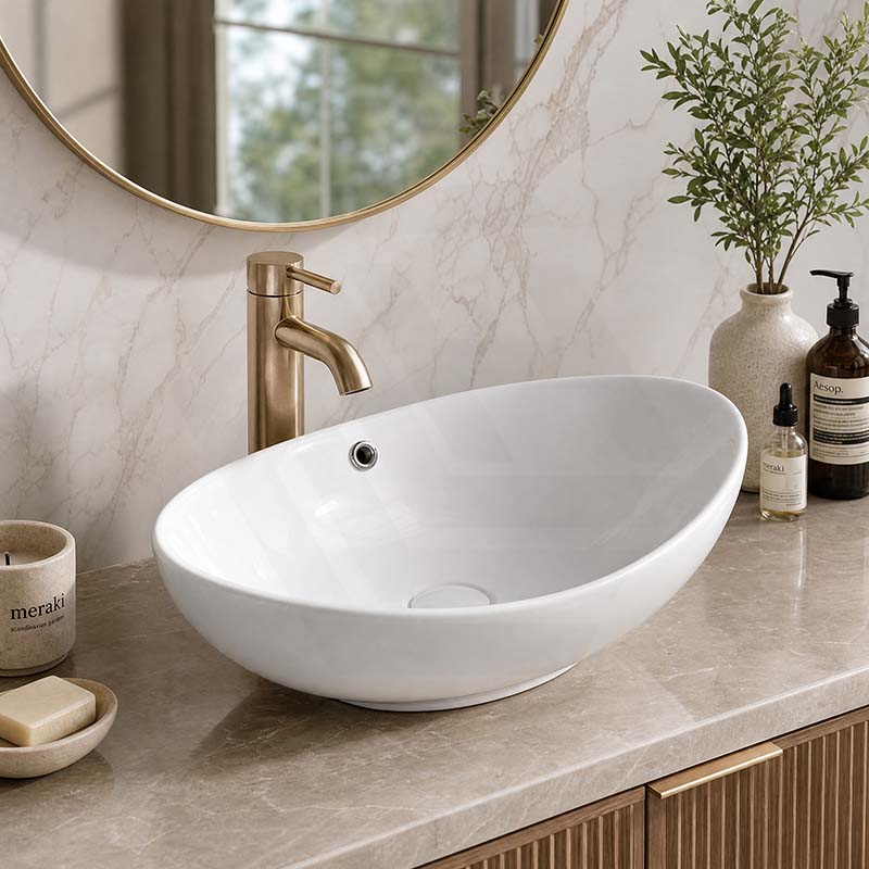 Oval Above Counter Ceramic Basin with Overflow 590x380x195mm - Gloss White