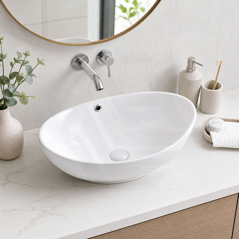 Oval Above Counter Ceramic Basin with Overflow 590x380x195mm - Gloss White